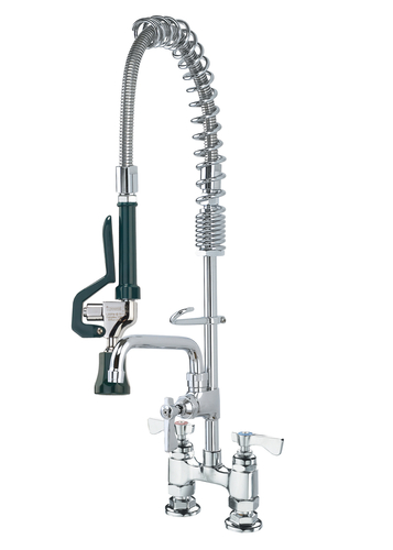 KROWNE Royal Series Space Saver Pre-Rinse Assembly, with add-on faucet, deck mount, 4" centers, spring action flexible gooseneck